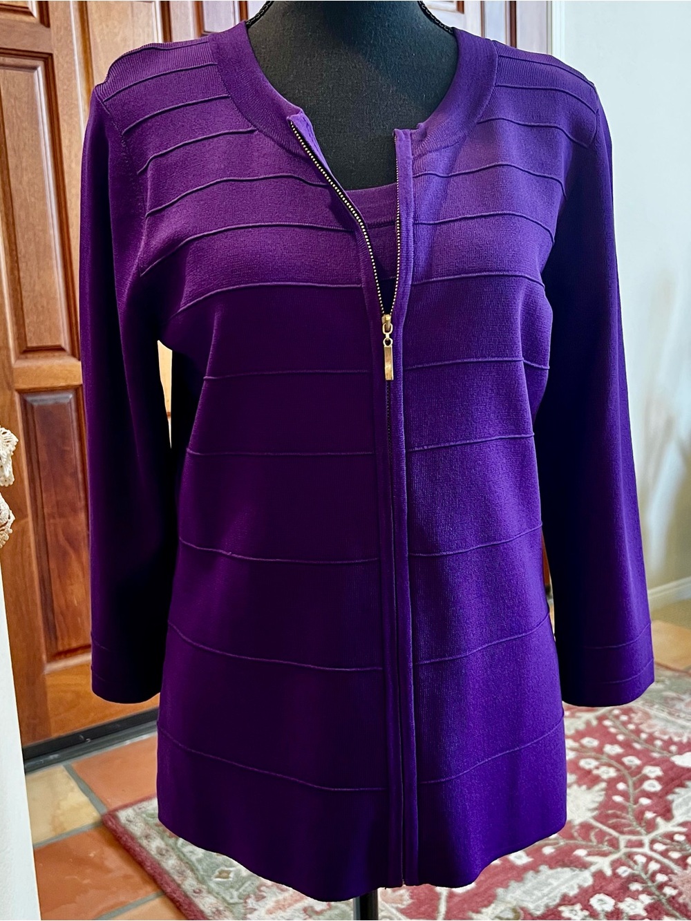Cable And Gauge Full Zip Purple Long Sleeve Cardigan And Tank Knit Set Size L